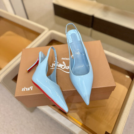 CHRISTIAN LOUBOUTIN 26S SLINGBACK HEELS 85 MM IN SKY BLUE PATENT CALFSKIN