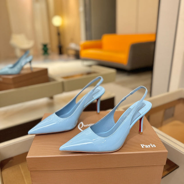 CHRISTIAN LOUBOUTIN 26S SLINGBACK HEELS 85 MM IN SKY BLUE PATENT CALFSKIN