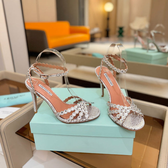 AQUAZZURA 26S STRAPPY HIGH HEELS 105 MM IN SILVER TEXTURED LEATHER