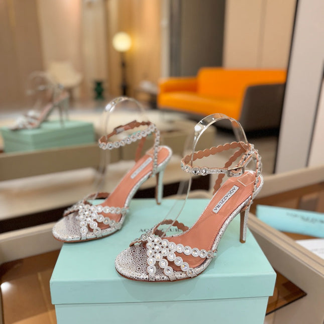 AQUAZZURA 26S STRAPPY HIGH HEELS 105 MM IN SILVER TEXTURED LEATHER