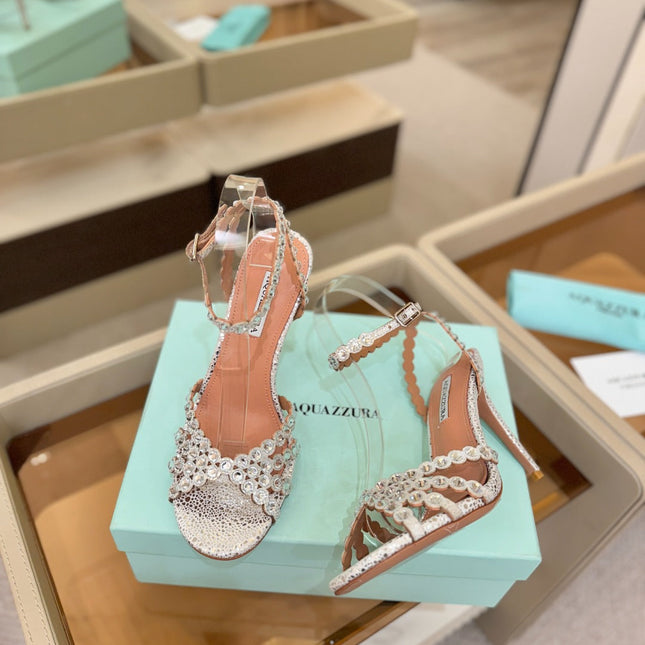AQUAZZURA 26S STRAPPY HIGH HEELS 105 MM IN SILVER TEXTURED LEATHER