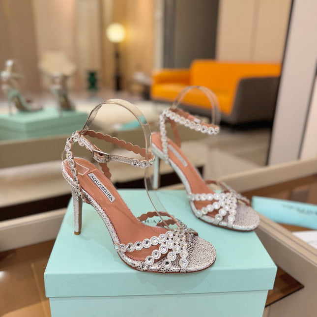 AQUAZZURA 26S STRAPPY HIGH HEELS 105 MM IN SILVER TEXTURED LEATHER