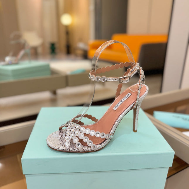 AQUAZZURA 26S STRAPPY HIGH HEELS 105 MM IN SILVER TEXTURED LEATHER