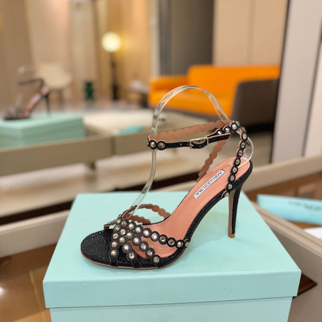 AQUAZZURA 26S STRAPPY HIGH HEELS 105 MM IN BLACK TEXTURED LEATHER