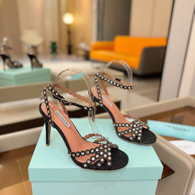 AQUAZZURA 26S STRAPPY HIGH HEELS 105 MM IN BLACK TEXTURED LEATHER
