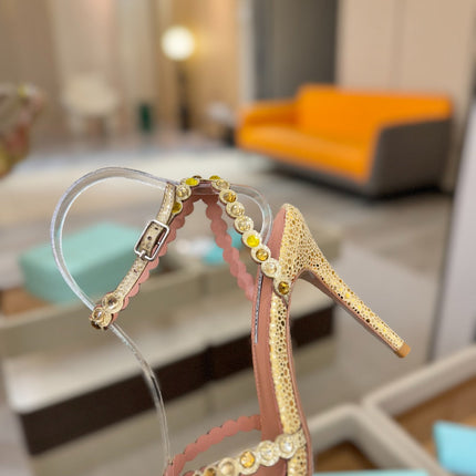 AQUAZZURA 26S STRAPPY HIGH HEELS 105 MM IN GOLD METALLIC TEXTURED LEATHER