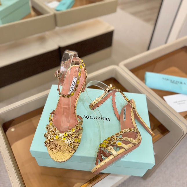 AQUAZZURA 26S STRAPPY HIGH HEELS 105 MM IN GOLD METALLIC TEXTURED LEATHER