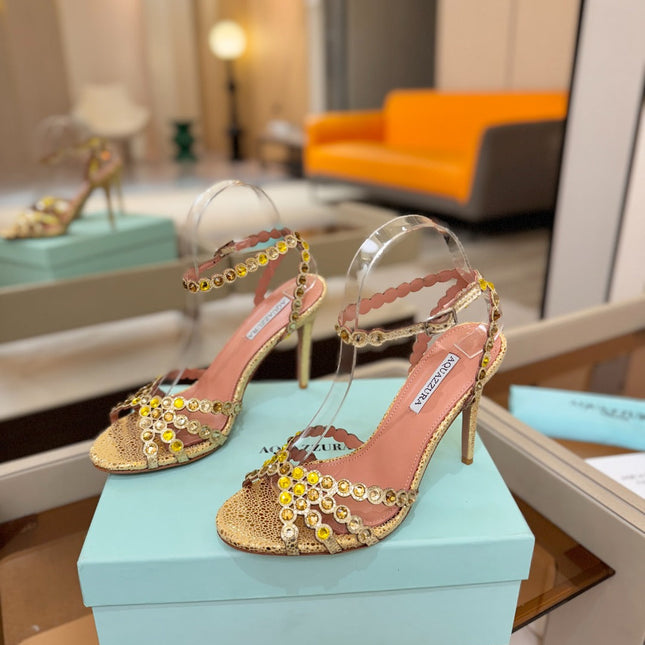AQUAZZURA 26S STRAPPY HIGH HEELS 105 MM IN GOLD METALLIC TEXTURED LEATHER