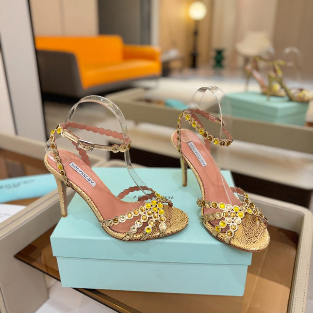 AQUAZZURA 26S STRAPPY HIGH HEELS 105 MM IN GOLD METALLIC TEXTURED LEATHER