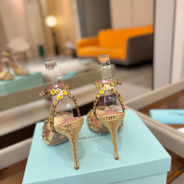 AQUAZZURA 26S STRAPPY HIGH HEELS 105 MM IN GOLD METALLIC TEXTURED LEATHER