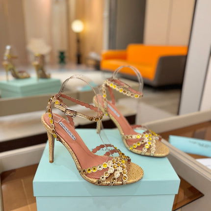 AQUAZZURA 26S STRAPPY HIGH HEELS 105 MM IN GOLD METALLIC TEXTURED LEATHER