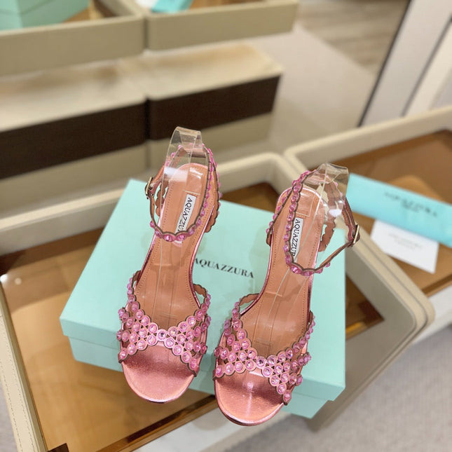 AQUAZZURA 26S STRAPPY HIGH HEELS 105 MM IN PINK PATENT LAMBSKIN STYLE 1