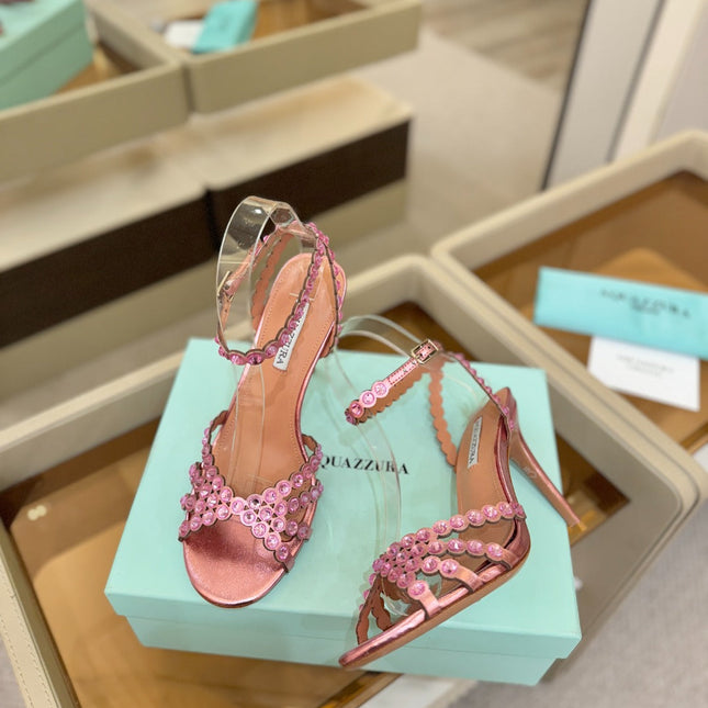 AQUAZZURA 26S STRAPPY HIGH HEELS 105 MM IN PINK PATENT LAMBSKIN STYLE 1