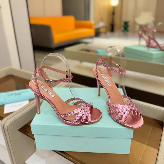 AQUAZZURA 26S STRAPPY HIGH HEELS 105 MM IN PINK PATENT LAMBSKIN STYLE 1