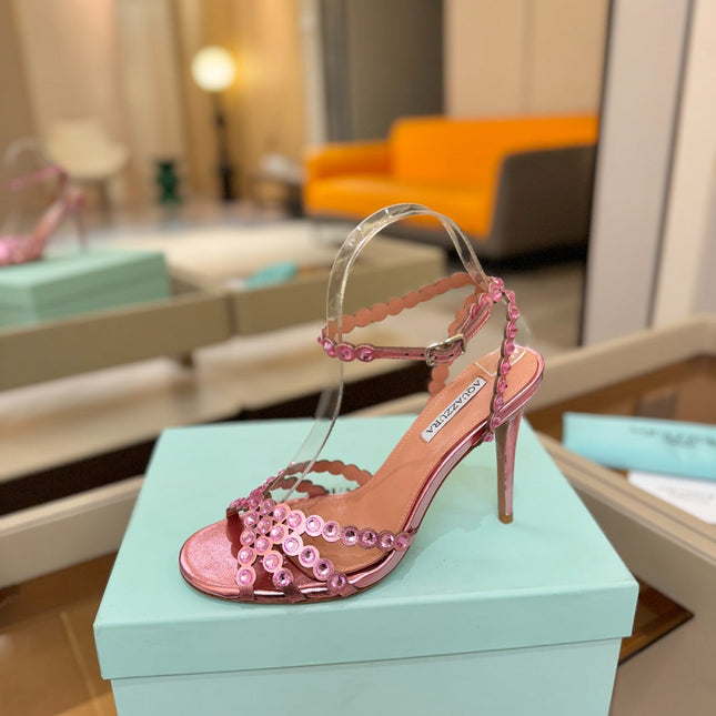 AQUAZZURA 26S STRAPPY HIGH HEELS 105 MM IN PINK PATENT LAMBSKIN STYLE 1