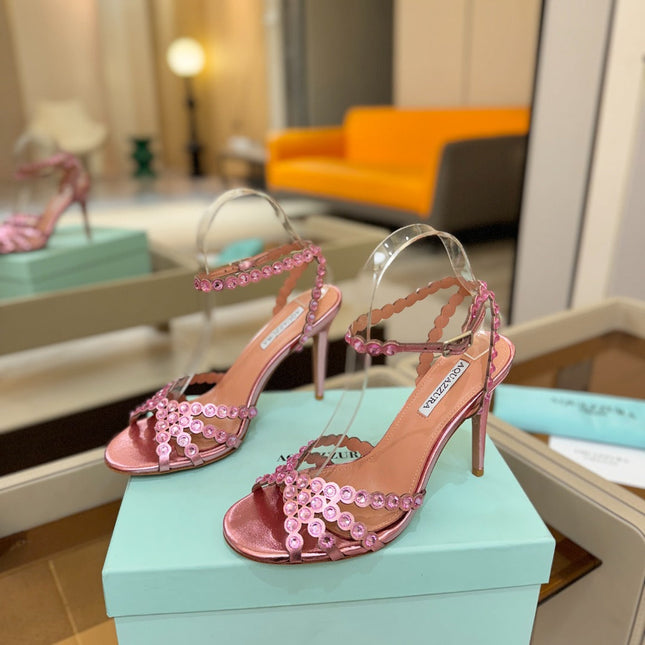 AQUAZZURA 26S STRAPPY HIGH HEELS 105 MM IN PINK PATENT LAMBSKIN STYLE 1