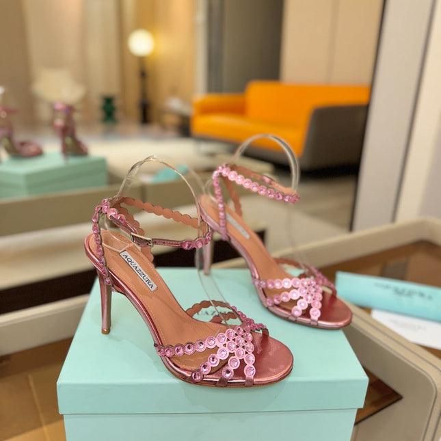 AQUAZZURA 26S STRAPPY HIGH HEELS 105 MM IN PINK PATENT LAMBSKIN STYLE 1