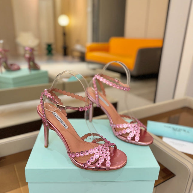 AQUAZZURA 26S STRAPPY HIGH HEELS 105 MM IN PINK PATENT LAMBSKIN STYLE 1