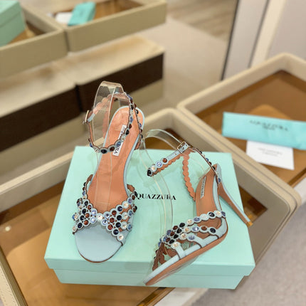 AQUAZZURA 26S STRAPPY HIGH HEELS 105 MM IN LIGHT BLUE LAMBSKIN