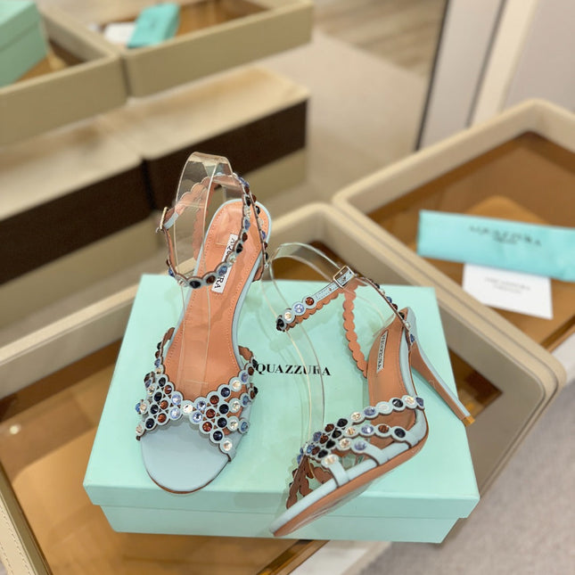 AQUAZZURA 26S STRAPPY HIGH HEELS 105 MM IN LIGHT BLUE LAMBSKIN