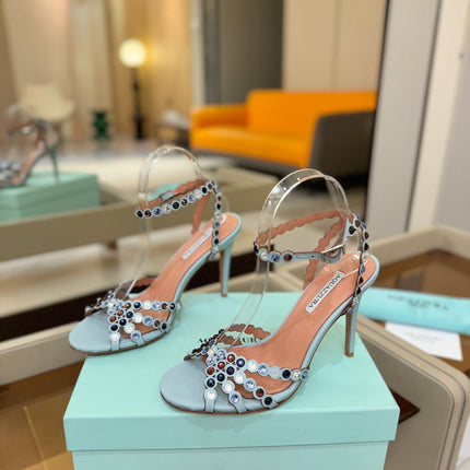 AQUAZZURA 26S STRAPPY HIGH HEELS 105 MM IN LIGHT BLUE LAMBSKIN