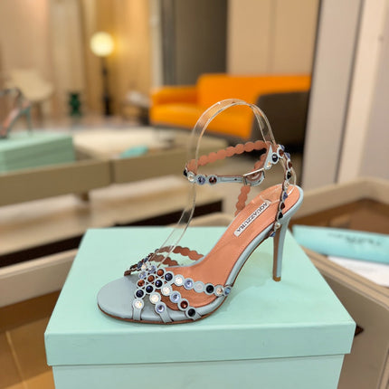 AQUAZZURA 26S STRAPPY HIGH HEELS 105 MM IN LIGHT BLUE LAMBSKIN