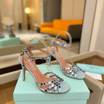 AQUAZZURA 26S STRAPPY HIGH HEELS 105 MM IN LIGHT BLUE LAMBSKIN