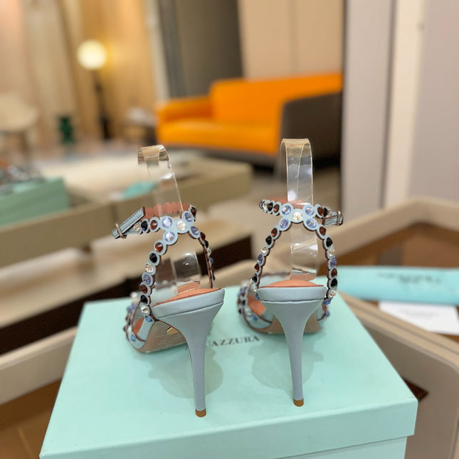 AQUAZZURA 26S STRAPPY HIGH HEELS 105 MM IN LIGHT BLUE LAMBSKIN