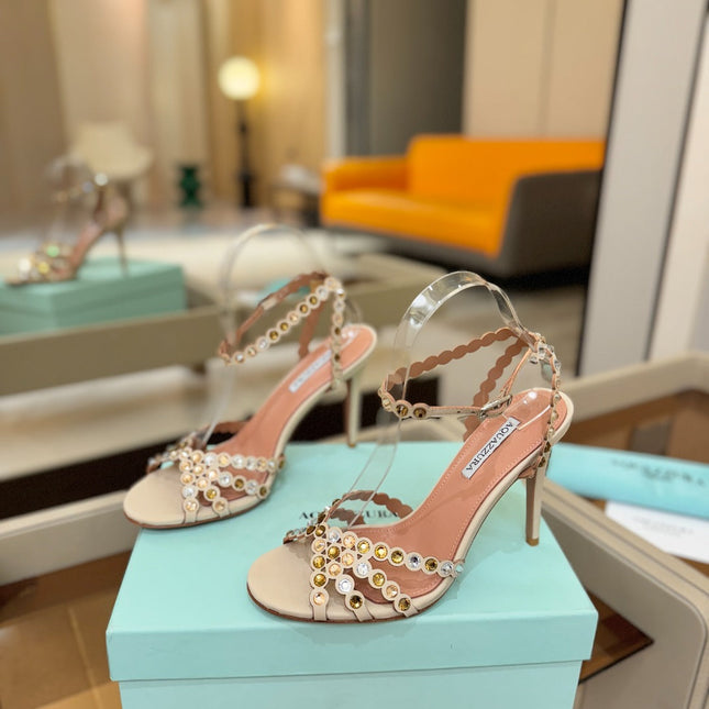 AQUAZZURA 26S STRAPPY HIGH HEELS 105 MM IN BEIGE LAMBSKIN