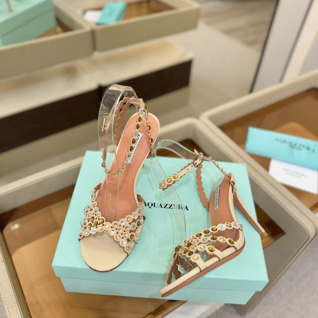 AQUAZZURA 26S STRAPPY HIGH HEELS 105 MM IN BEIGE LAMBSKIN