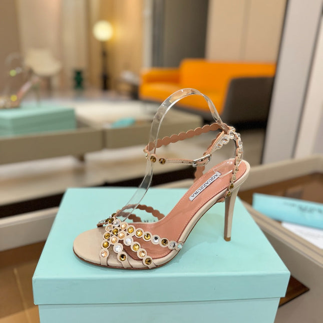 AQUAZZURA 26S STRAPPY HIGH HEELS 105 MM IN BEIGE LAMBSKIN