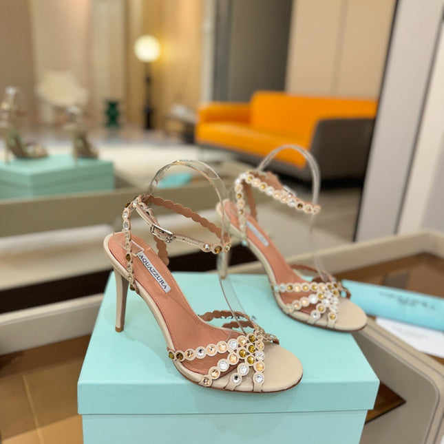 AQUAZZURA 26S STRAPPY HIGH HEELS 105 MM IN BEIGE LAMBSKIN