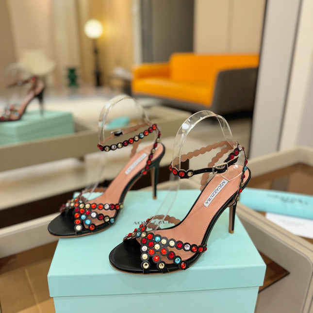 AQUAZZURA 26S STRAPPY HIGH HEELS 105 MM IN BLACK LAMBSKIN