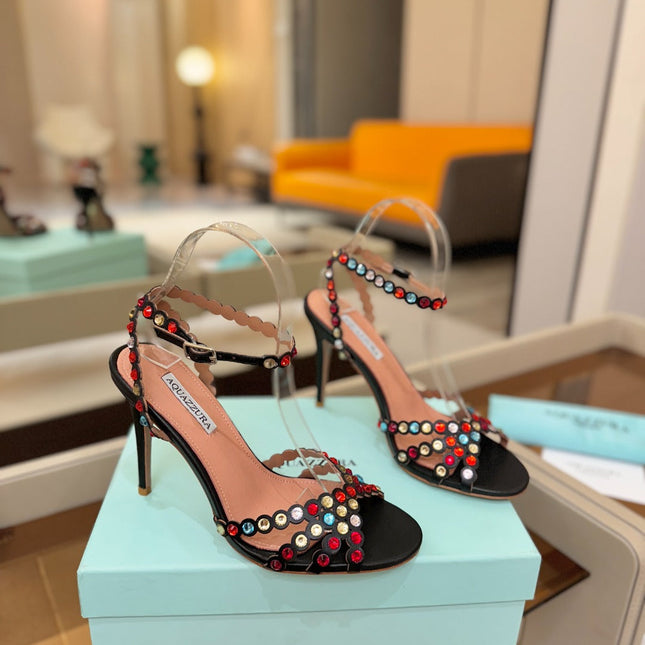 AQUAZZURA 26S STRAPPY HIGH HEELS 105 MM IN BLACK LAMBSKIN