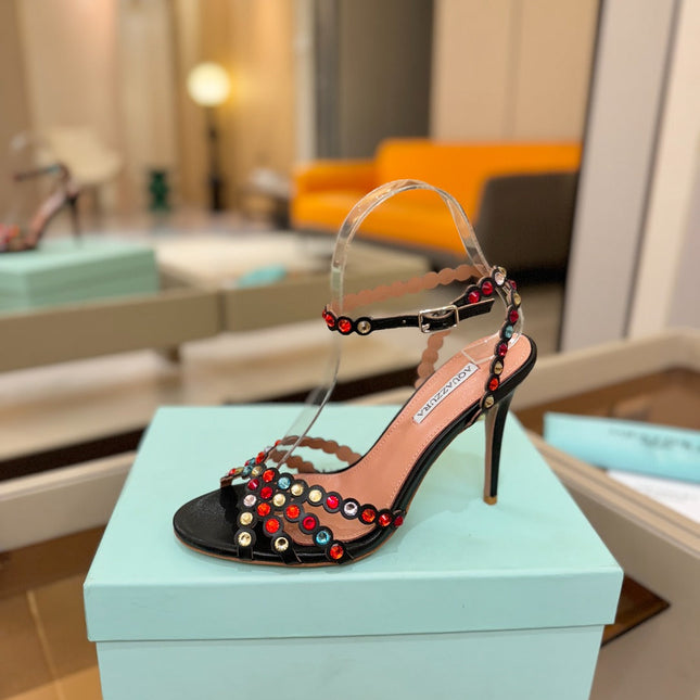 AQUAZZURA 26S STRAPPY HIGH HEELS 105 MM IN BLACK LAMBSKIN