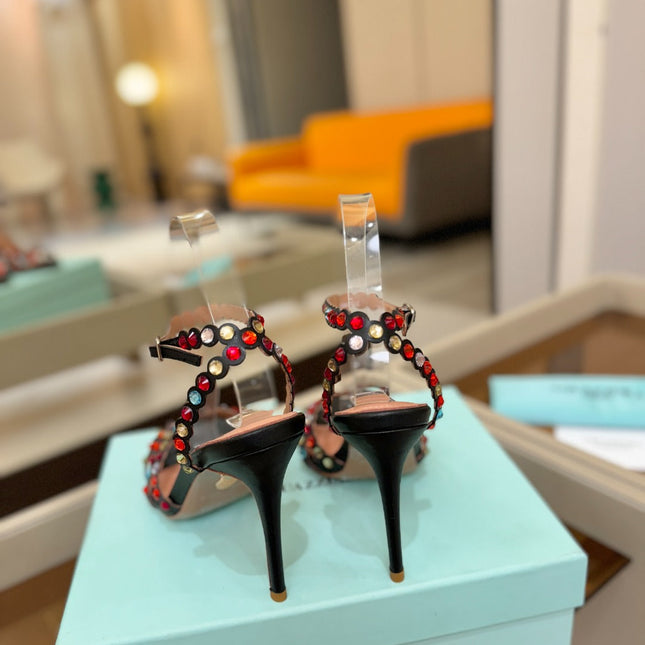 AQUAZZURA 26S STRAPPY HIGH HEELS 105 MM IN BLACK LAMBSKIN