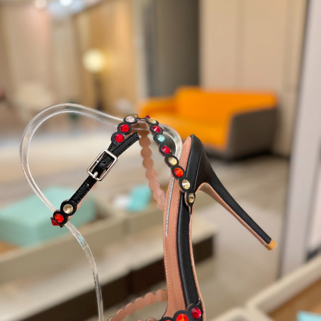 AQUAZZURA 26S STRAPPY HIGH HEELS 105 MM IN BLACK LAMBSKIN
