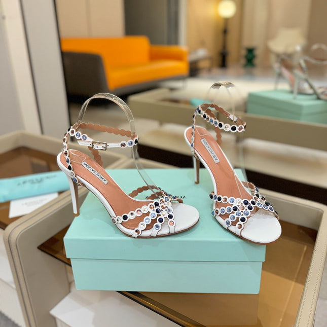 AQUAZZURA 26S STRAPPY HIGH HEELS 105 MM IN WHITE LAMBSKIN