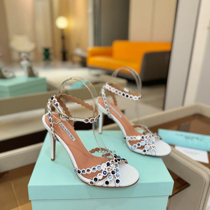 AQUAZZURA 26S STRAPPY HIGH HEELS 105 MM IN WHITE LAMBSKIN