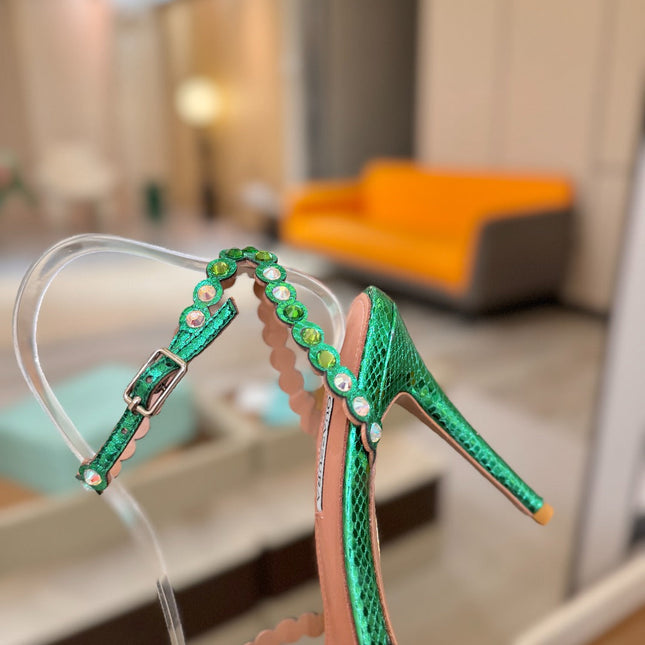 AQUAZZURA 26S STRAPPY HIGH HEELS 105 MM IN GREEN SNAKESKIN