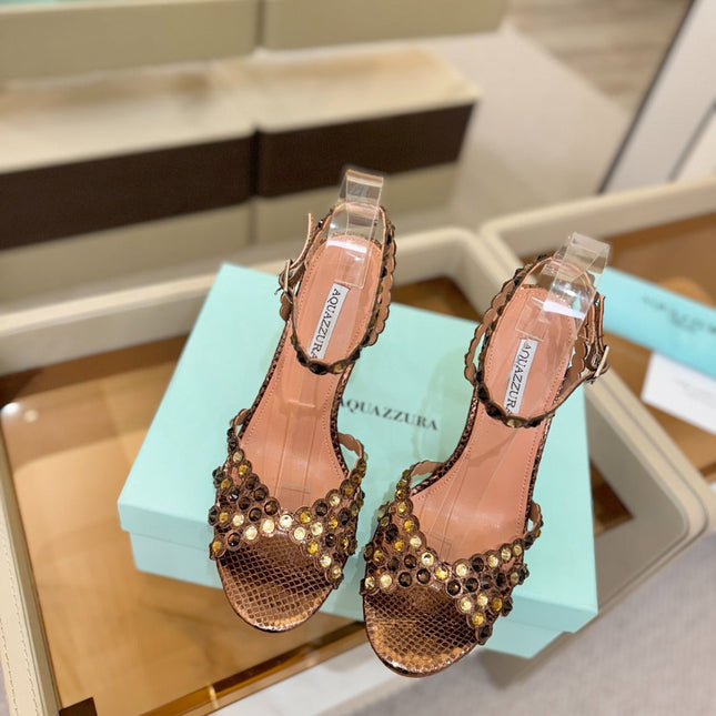AQUAZZURA 26S STRAPPY HIGH HEELS 105 MM IN BROWN SNAKESKIN
