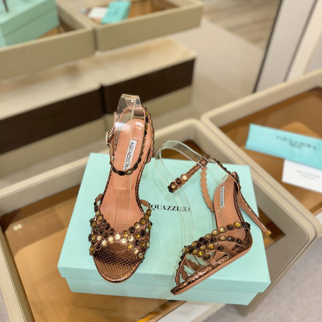 AQUAZZURA 26S STRAPPY HIGH HEELS 105 MM IN BROWN SNAKESKIN