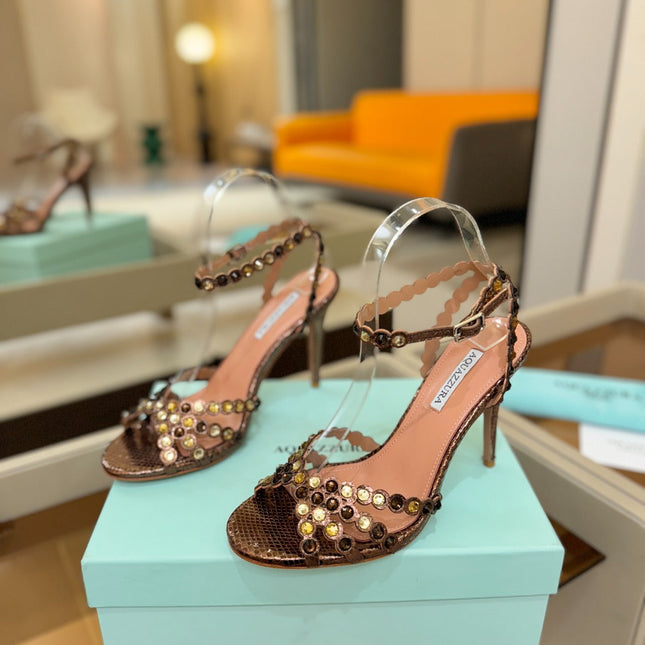 AQUAZZURA 26S STRAPPY HIGH HEELS 105 MM IN BROWN SNAKESKIN