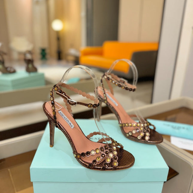 AQUAZZURA 26S STRAPPY HIGH HEELS 105 MM IN BROWN SNAKESKIN