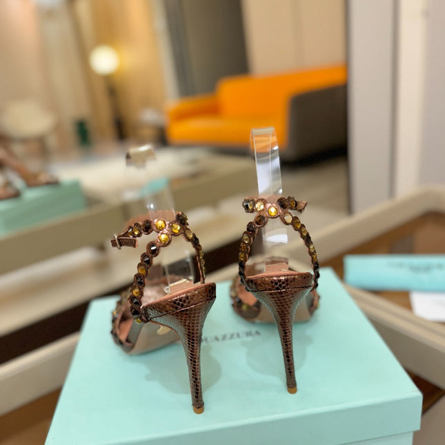 AQUAZZURA 26S STRAPPY HIGH HEELS 105 MM IN BROWN SNAKESKIN