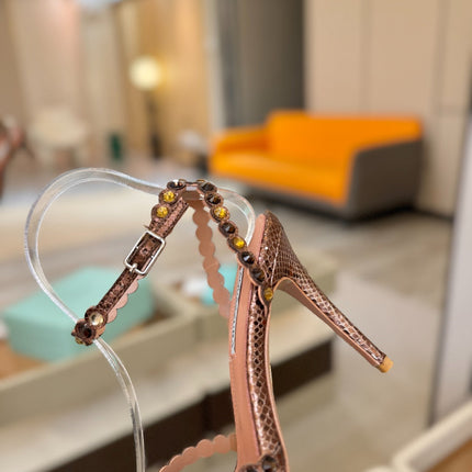 AQUAZZURA 26S STRAPPY HIGH HEELS 105 MM IN BROWN SNAKESKIN