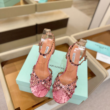 AQUAZZURA 26S STRAPPY HIGH HEELS 105 MM IN PINK SNAKESKIN