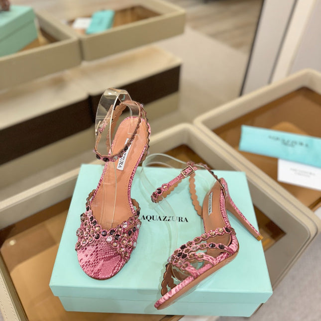 AQUAZZURA 26S STRAPPY HIGH HEELS 105 MM IN PINK SNAKESKIN