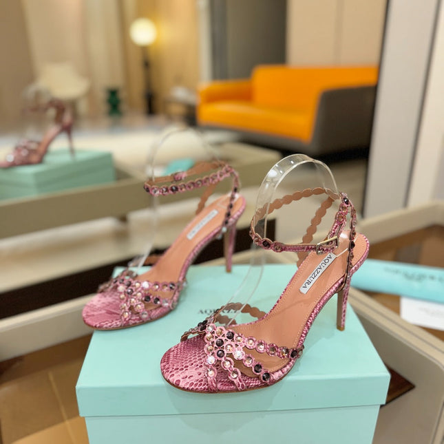 AQUAZZURA 26S STRAPPY HIGH HEELS 105 MM IN PINK SNAKESKIN