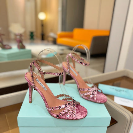 AQUAZZURA 26S STRAPPY HIGH HEELS 105 MM IN PINK SNAKESKIN